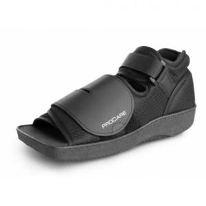 Squared Toe Post-Op Shoe -  Alows dressing to be kept clean and toes dry, providing more protection following post-operative procedures and forefoot trauma. The square toe design acts as a bumper and provides additional room and comfort for the patient. The shoe also features high ankle strapping that maintains foot in proper location and a rigid rocker sole for ease of ambulation and pressure reduction. The universal style fits male or female; right or left. Call The Comfort Zone Mobility Aids & Spas 